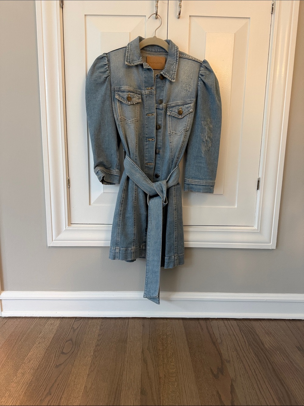 Retrofete Light Blue Denim Mini Dress with Waist Tie